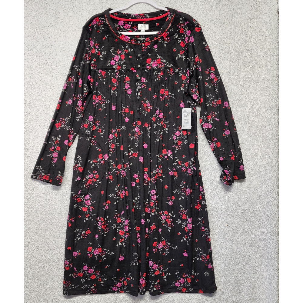 Aria Womens Dark Floral Velour Nightgown Size 2X Black Red Long Sleeve Pockets